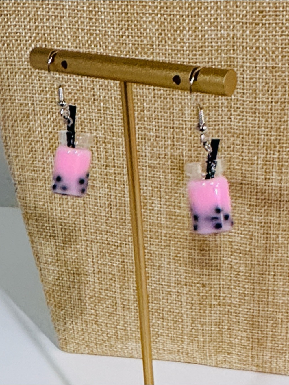 Fashion Jewelry Pink Bubble Tea Dangle Earrings with Black Pearls
